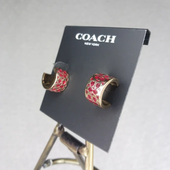 Coach Signature C Huggie Huggy Sparkle Red Gold Enamel Hoop Earrings - Picture 2 of 6
